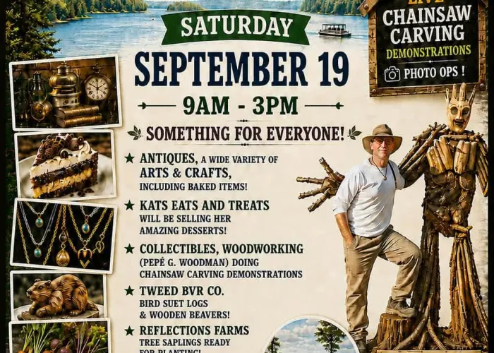 AI poster, artistic rendering of lake surrounded by trees, photos of artisan wares, person standing beside wooden groot, list of vendors, event information