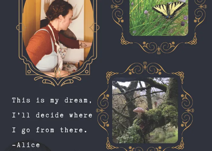 Dark background with line drawings of rabbit, mushrooms, key, three photos of artist, butterfly on grass, mushroom and moss on tree branch, quote from Alice in Wonderland