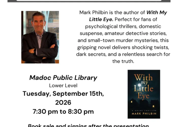 White background, white text with event information, photo of author and author's book, library logo