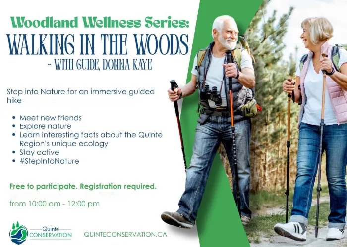 Right side, two people using walking sticks hiking outdoors in jeans, white t-shirts and vests, left side white background, information about event