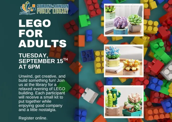 Colourful lego in background on green surface, three photos of lego plants stacked in vertical line, library logo, event details in white writing