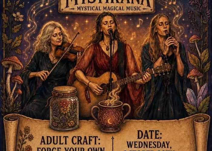 AI poster, dried flowers, crystals, mushrooms, gold musical notes around border and in background, ai cartoon images of three women playing instruments, event details on scroll with jar and coffee cup above