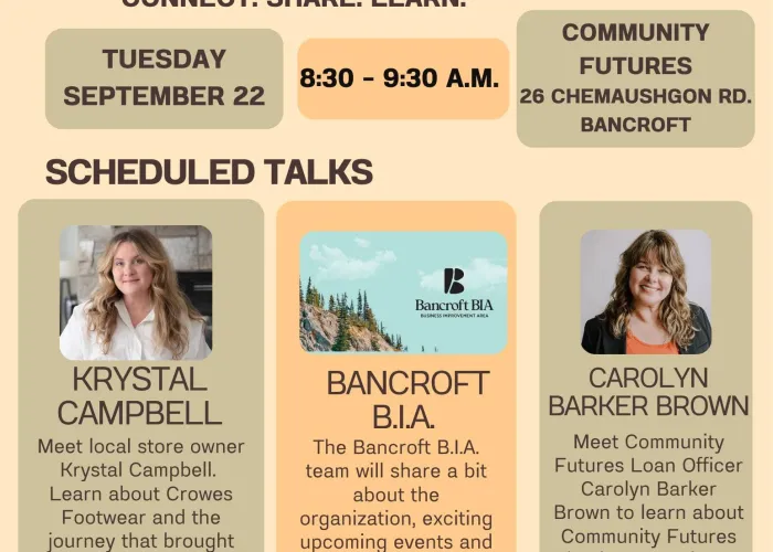 Beige background, two photos of speakers, one photo of logo including Bancroft BIA, event details